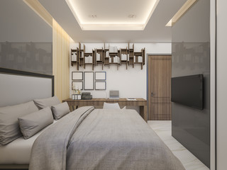 Cozy modern master bedroom in house , 3d rendering