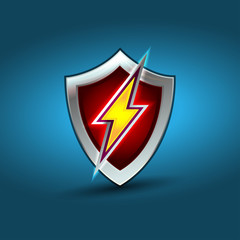 Lightning shield, electric power vector logo design element. Energy and thunder electricity symbol concept. Lightning bolt sign in the circle. Flash vector emblem template. Power fast speed logotype