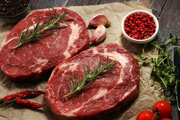 Steak raw. Barbecue Rib Eye Steak, dry Aged Wagyu Entrecote Steak.