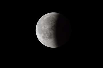 Super Bloody Moon, full eclipse end phase against black sky background, half of the Moon surface covered by Earth's shadow