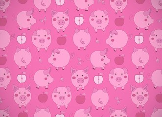 Fototapeta premium Horizontal greeting card with cute cartoon pink pigs, apples and acorns on dark pink. Vector