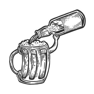 Cup pours beer from bottle engraving vector illustration. Scratch board style imitation. Black and white hand drawn image.