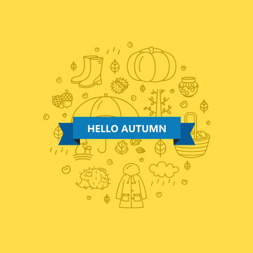 Autumn symbols in circle. Pumpkin, clothing, jam, weather, mushrooms, harvest in a linear style. Vector symbols of fall on white background with place for tour text.