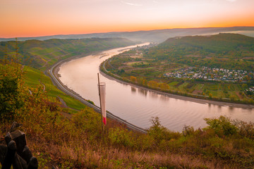 Sunrise at the Rhine village by Boppard Germany, Picturesque bend of the river Rhine near the town...