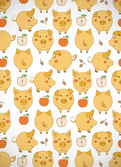 Vertical greeting card with cute cartoon yellow pigs, apples and acorn on white. Vector