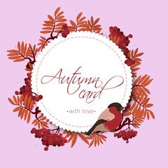 Seamless pattern with bullfinch on a branch of Rowan. Seasonal natural pattern with Rowan berries. Digital illustration