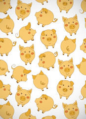 Vertical greeting card with cute cartoon yellow pigs, apples and acorns on white background. Vector