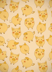 Obraz premium Vertical greeting card with cute cartoon yellow pigs, apples and acorns. Vector