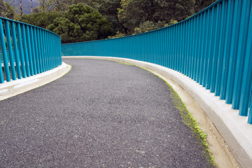 A tarmac path curving away, framed by blue metal railings with trees in the background