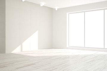 White empty room with large windows. Scandinavian interior design. 3D illustration