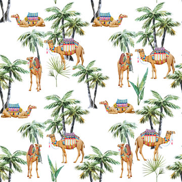 Watercolor camel and palm pattern