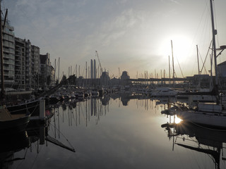  Image of the marina "Mercator" in Ostend with the railway station in the background.