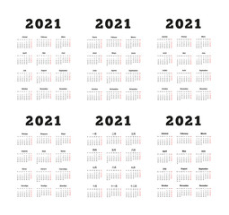 Set of 2021 year simple vertical calendars on different languages like english, german, russian, french, spanish and chinese, isolated on white