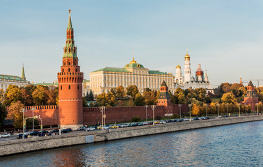 Moscow, view of the Kremlin, the Kremlin Embankment, the Water Tower, the Annunciation Tower, the Taynitskaya Tower, the Grand Kremlin Palace and the Assumption Cathedral, autumn