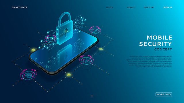 Mobile Security Modern Concept. Smart App Protects Smart Phone From Thefts And Hacker Attacks. Internet Of Things Technology Of Automatic Protection. Vector Illustration.
