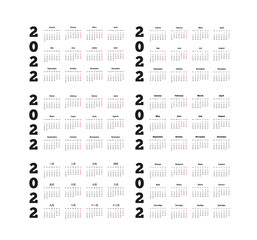 Set of 2022 year simple calendars on different languages like english, german, russian, french, spanish and chinese isolated on white