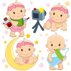 A set of illustrations of icons with a baby girl, sick with a thermometer and medicine medicine, a photo session is photographed, sits for a month, stands with food with a big bottle of milk.