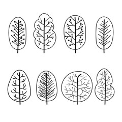 Set of trees abstract linear icons. Hand-drawn forest trees. Vector illustration.