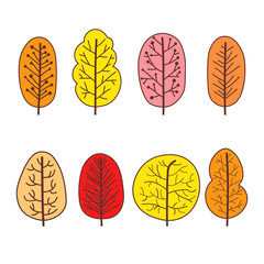 Set of autumn trees abstract linear icons. Hand-drawn forest trees. Vector illustration.