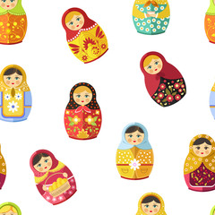 Russian nesting doll, traditional wooden souvenir from Russia seamless pattern isolated on white vector.