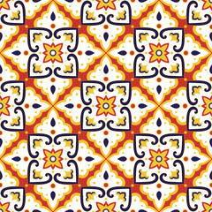 Spanish tile pattern vector seamless with ornaments. Portuguese azulejos, mexican talavera, italian sicily majolica or moroccan motifs. Mosaic background for wallpaper, ceramic floor or fabric.