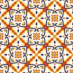 Gordijnen Spanish tile pattern vector seamless with ornaments. Portuguese azulejos, mexican talavera, italian sicily majolica or moroccan motifs. Mosaic background for wallpaper, ceramic floor or fabric. © irinelle