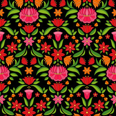 Hungarian folk pattern vector seamless. Kalocsa floral ethnic ornament. Slavic eastern european print on black background. Vintage flower design for gift wrapping paper or women dress fabric textile.