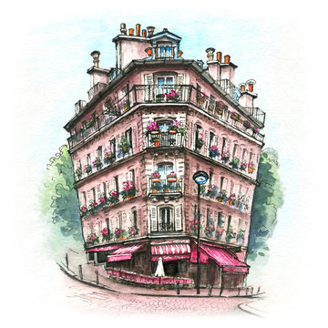 Watercolor sketch of Typical parisain house with cafe and lanterns, Paris, France.