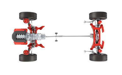 Suspension of the car with wheel and engine Undercarriage in detail top view isolated on white background 3d without shadow