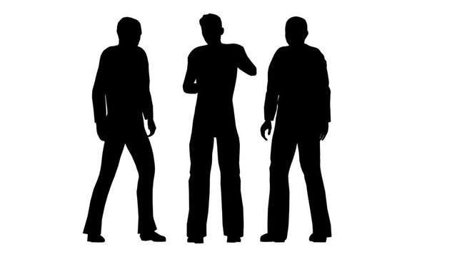 Silhouettes of three people stand and communicate.