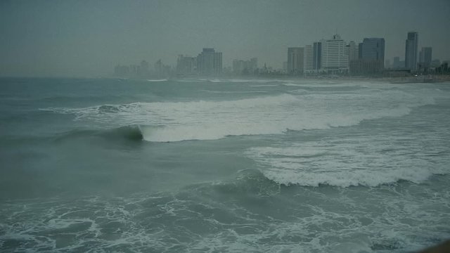 Storm in the Mediterranean Sea. Beach in Tel Aviv, Israel, cca 2015.