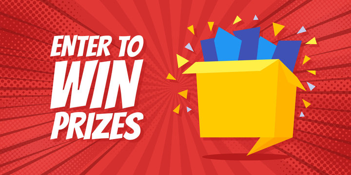 Enter To Win Prizes Gift Box. Cartoon Origami Style Vector Illustration