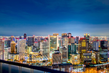 OSAKA, JAPAN-SEPTEMBER 2, 2018,High angle Night view of Osaka,Japan,on Umeda Sky Building,long...