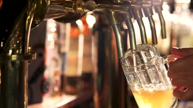 Turning off beer tap after filling glass. Man Pouring full glass of draft beer, then turning off the tap.