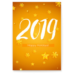 Cover 2019 hand written lettering and golden Christmas toys. Design of Happy New Year poster with calligraphy. Hand-lettering text, Vector illustration for holidays party, leaflets. EPS10 file.