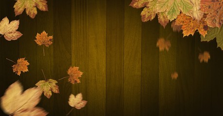 Autumn leaves border with green wood copy space