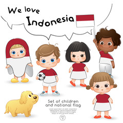 Indonesia : Boys and girls holding flag and wearing shirts with national flag print : Vector Illustration