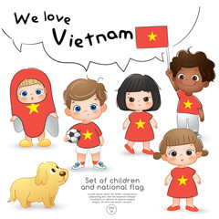 Vietnam : Boys and girls holding flag and wearing shirts with national flag print : Vector Illustration