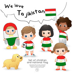 Tajikistan : Boys and girls holding flag and wearing shirts with national flag print : Vector Illustration
