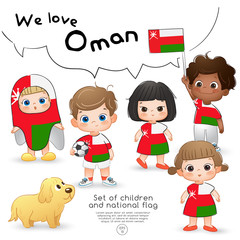 Oman : Boys and girls holding flag and wearing shirts with national flag print : Vector Illustration