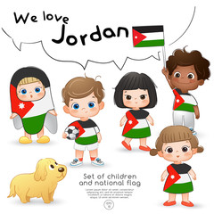 Jordan : Boys and girls holding flag and wearing shirts with national flag print : Vector Illustration