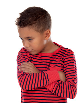 Sad child with red striped t-shirt