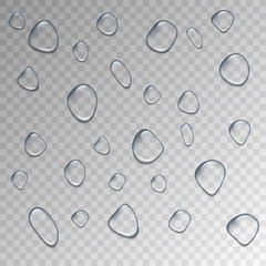 Water droplets. Set of realistic water droplets on the transparent background. Vector illustration.