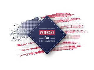 Veterans Day greeting card. 3d badge with greeting text on national colors flag background with halftone effect. Vector illustration.