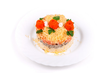 Salad of meat, carrots, eggs and cheese