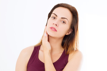 Fototapeta premium Macro Woman face with no wrinkles on forehead. Skin care and spa face beauty. Cosmetology facial treatment and anti aging concept. Copy space