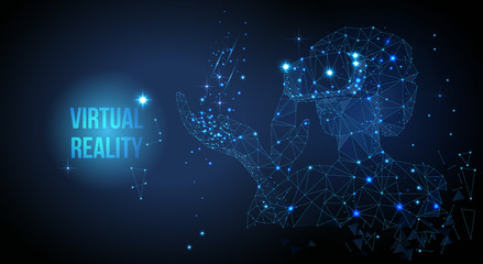 Girl wearing virtual reality glasses. Abstract vr world with wireframe glasses. Low poly wire outline geometric illustration.