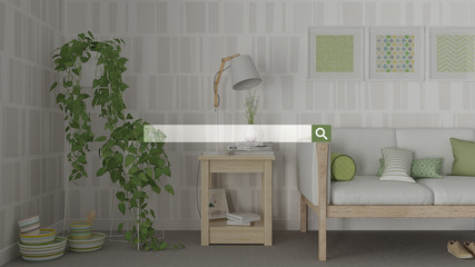 Searching, browsing, Internet data information, over green living room interior design, networking concept