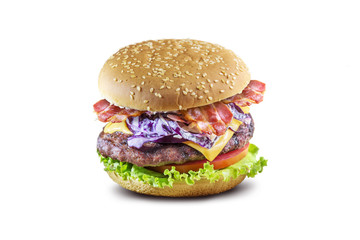 Hamburger with cheese salad tomato bacon and coleslaw
