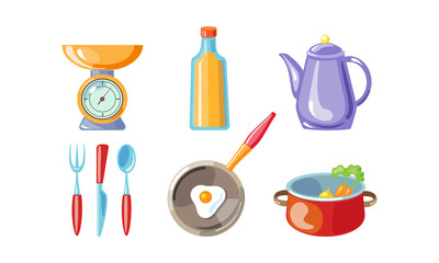 Kitchen utensil set, scales, bottle of oil, coffee pot, fork, knife, spoon, frying pan, vector Illustration on a white background